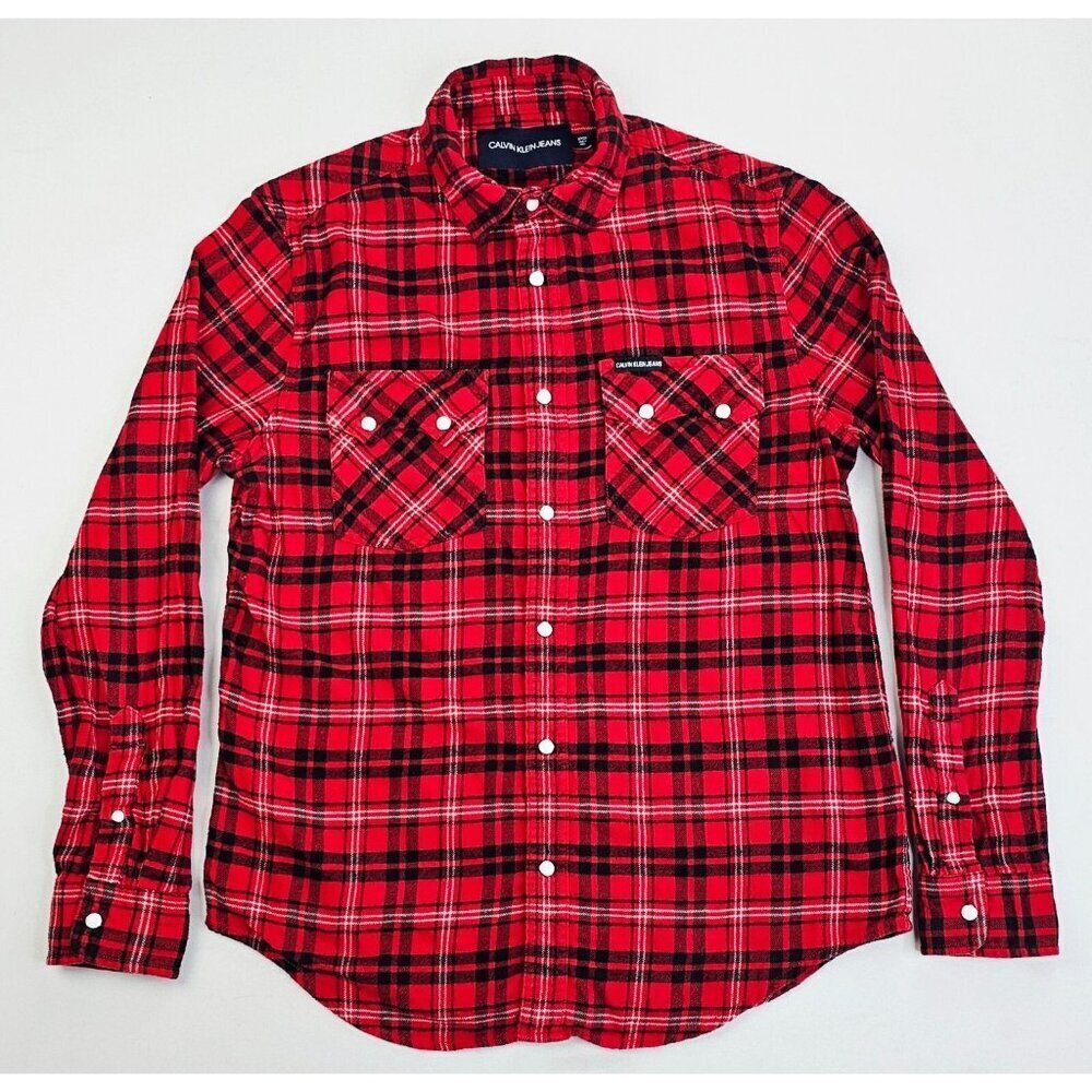 Calvin Klein Jeans Size Small Men Red Black White Flannel Snap Plaid Pocket Logo